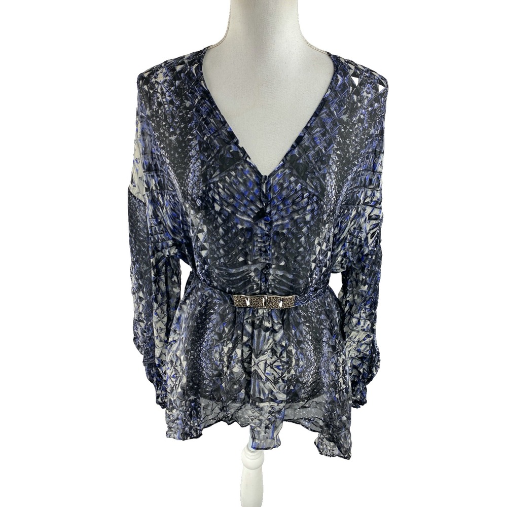 Roberto Cavalli Womens 40 Italy Silk Semiโ Sheer Blouse Abstract Charm Belted